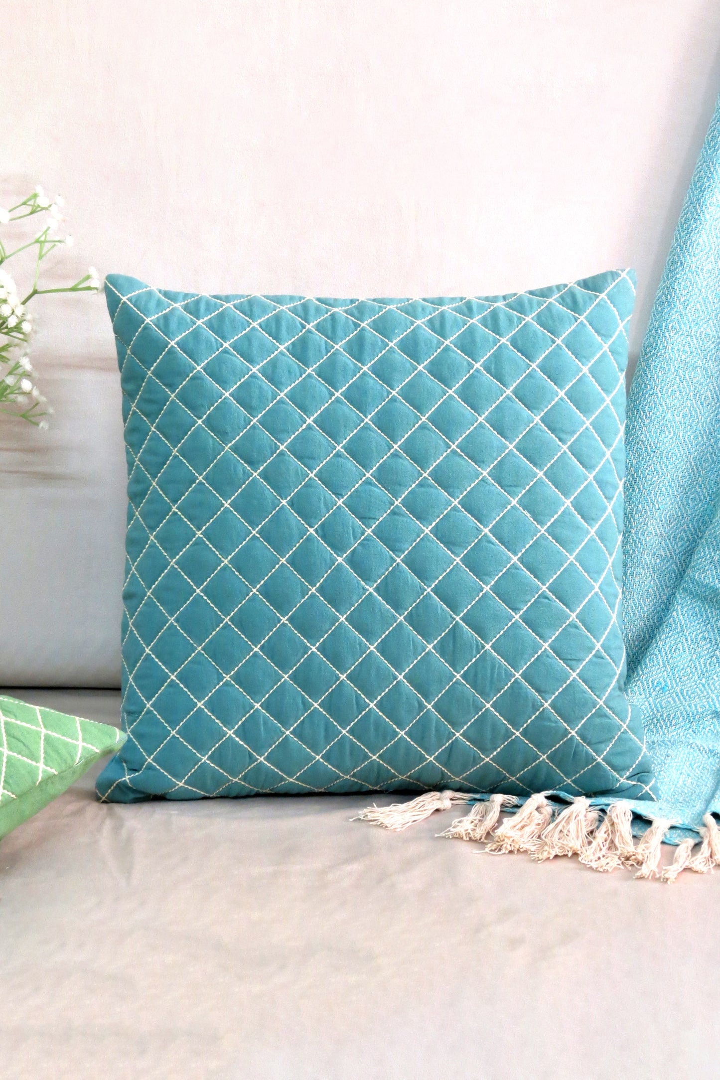 Pastel Sky Blue Quilted Cotton Cushions 16x16 Inch