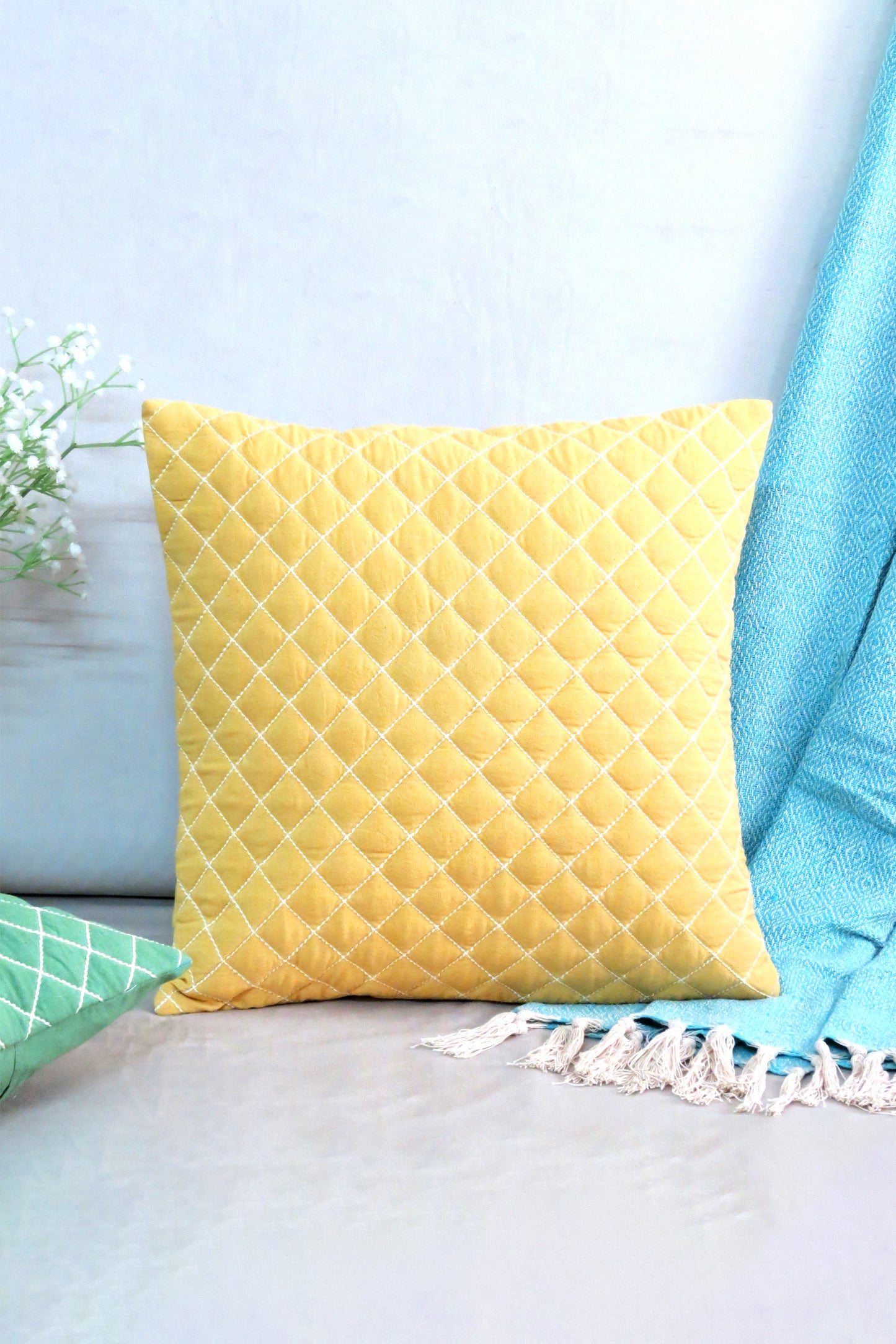 Pastel Yellow Quilted Cotton Cushions 16x16 Inch