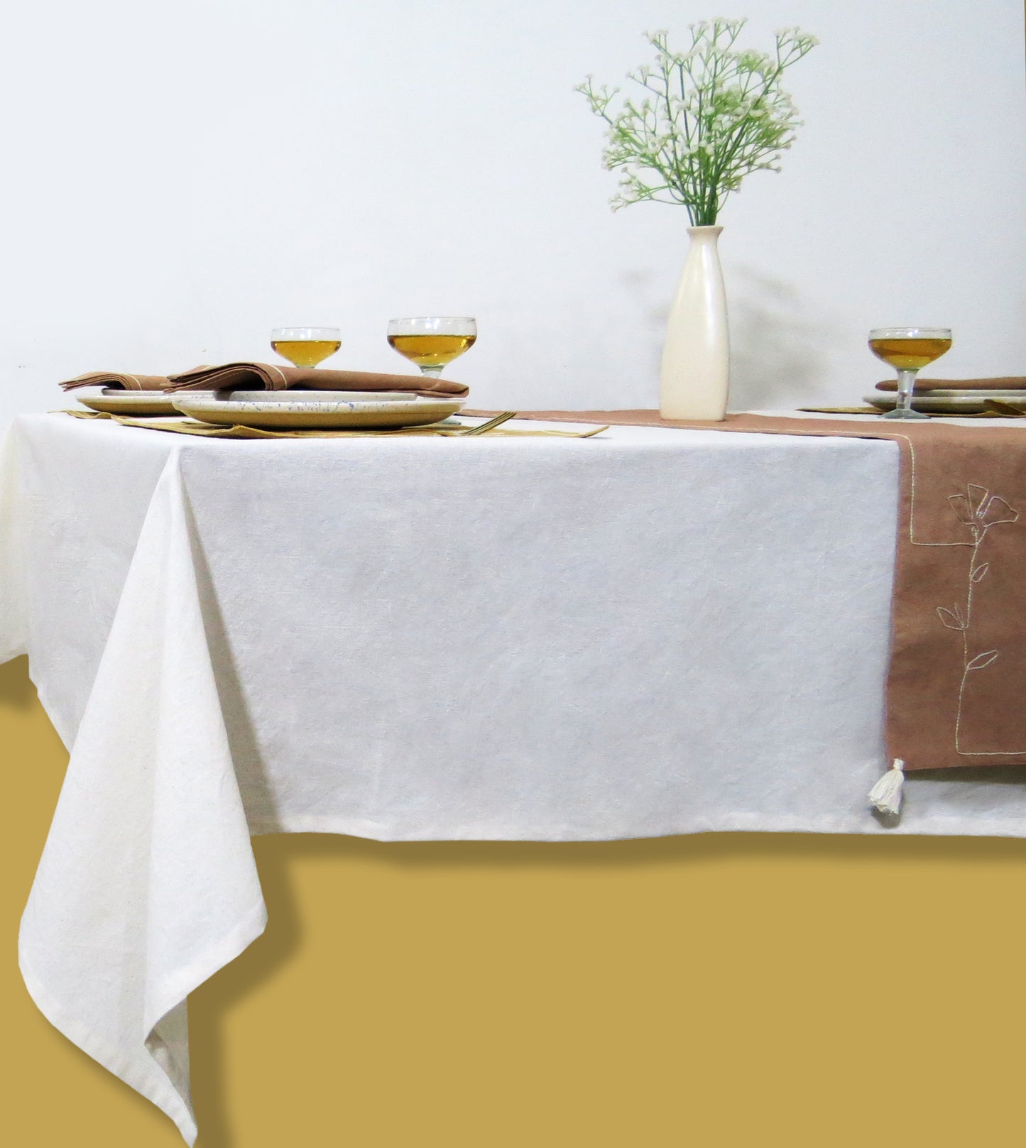 Yellow & White cotton table linen set of 14 pcs