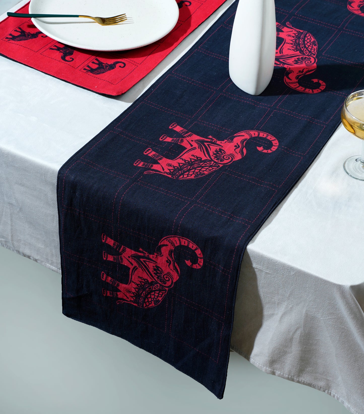 The Majestic Elephant black cotton Table runner 12x48 Inch