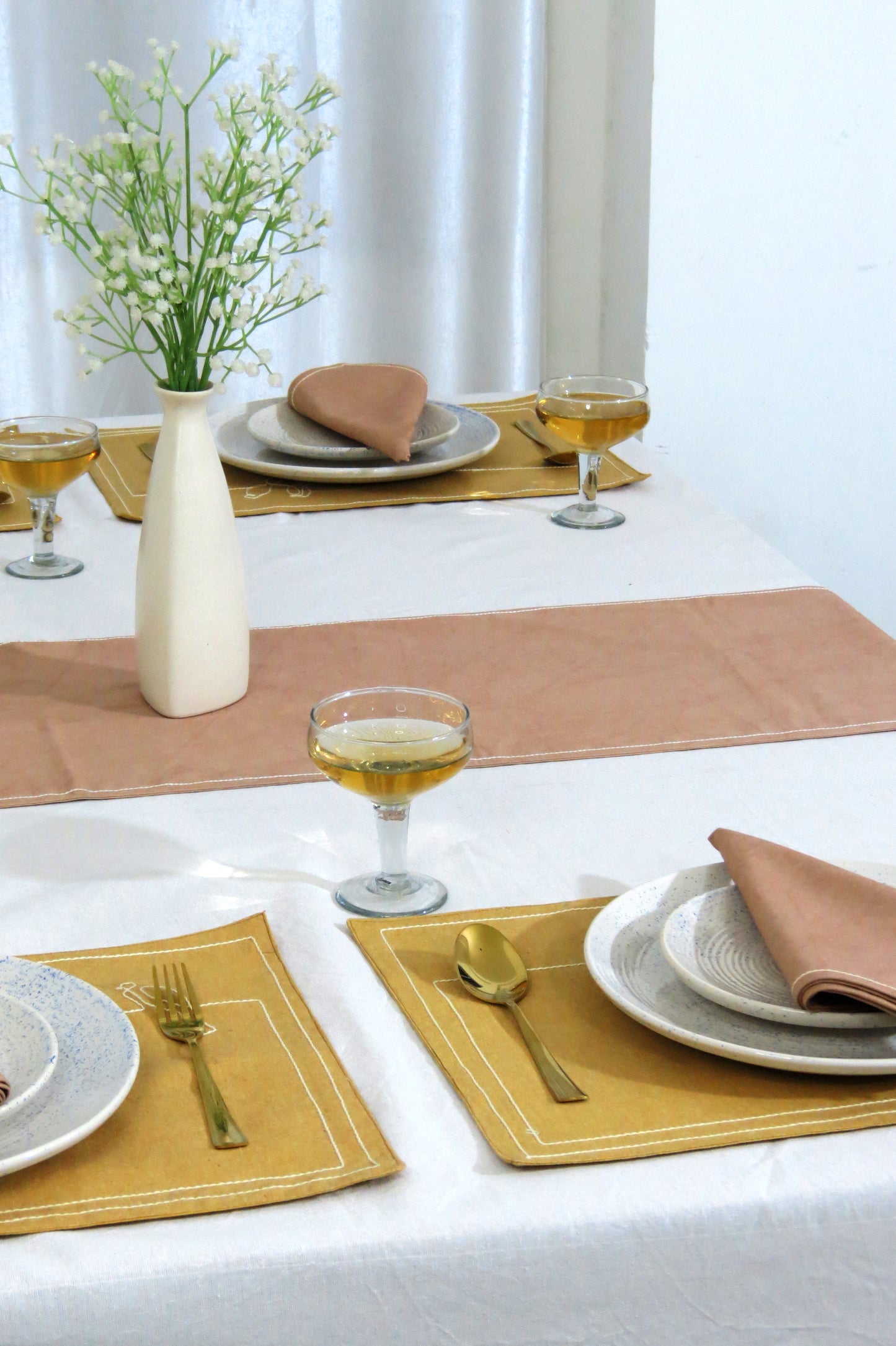 Yellow & White cotton table linen set of 14 pcs