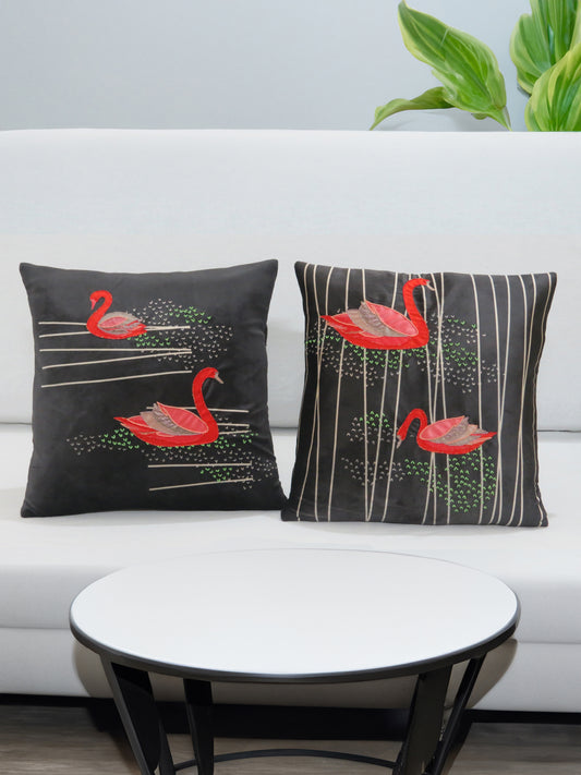 Swan Serenade Black Velvet Cushion Cover 16x16 Inch Set of 2