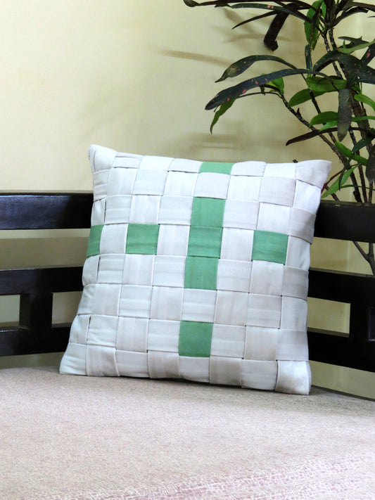 Luxurious Cushion Cover Combines Off-White Velvet and Pastel Green Cotton