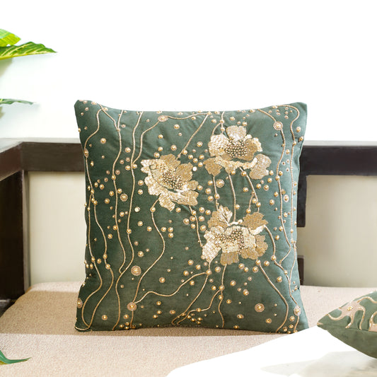 Gilded Garden Green Velvet Cushion Cover 16x16 inch