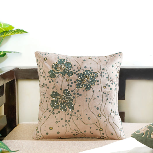 Gilded Garden Green & Grey Velvet Cushion Cover 16x16 inch