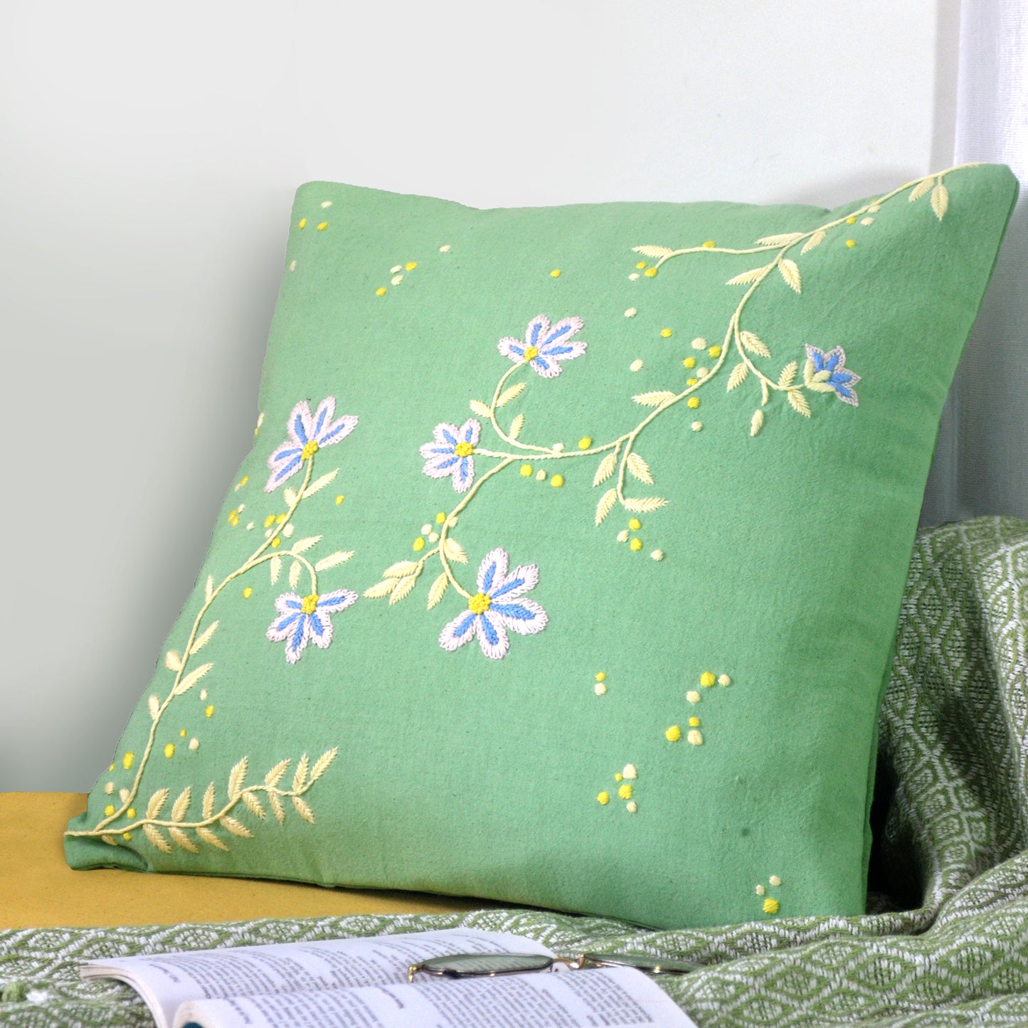 Handmade cotton mint blossom cushion cover