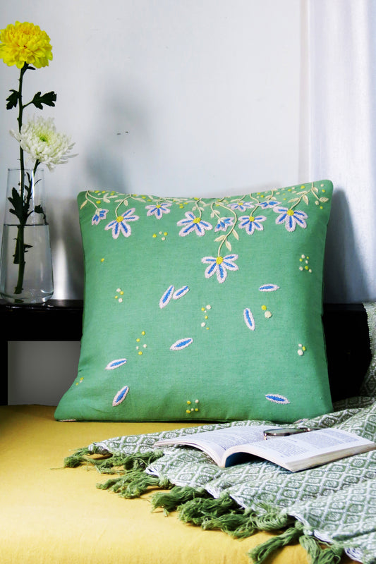 Handcrafted cotton mint blossom cushion cover