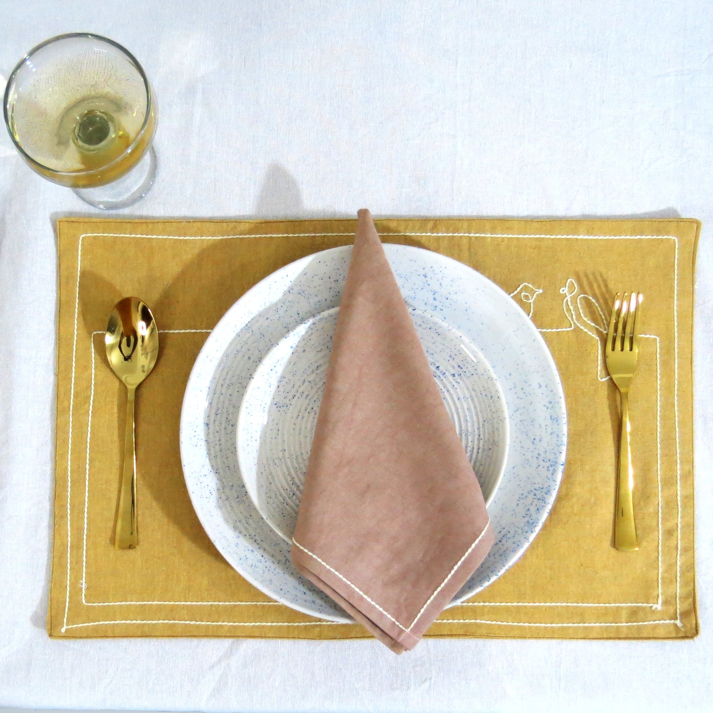 Yellow & White cotton table linen set of 14 pcs