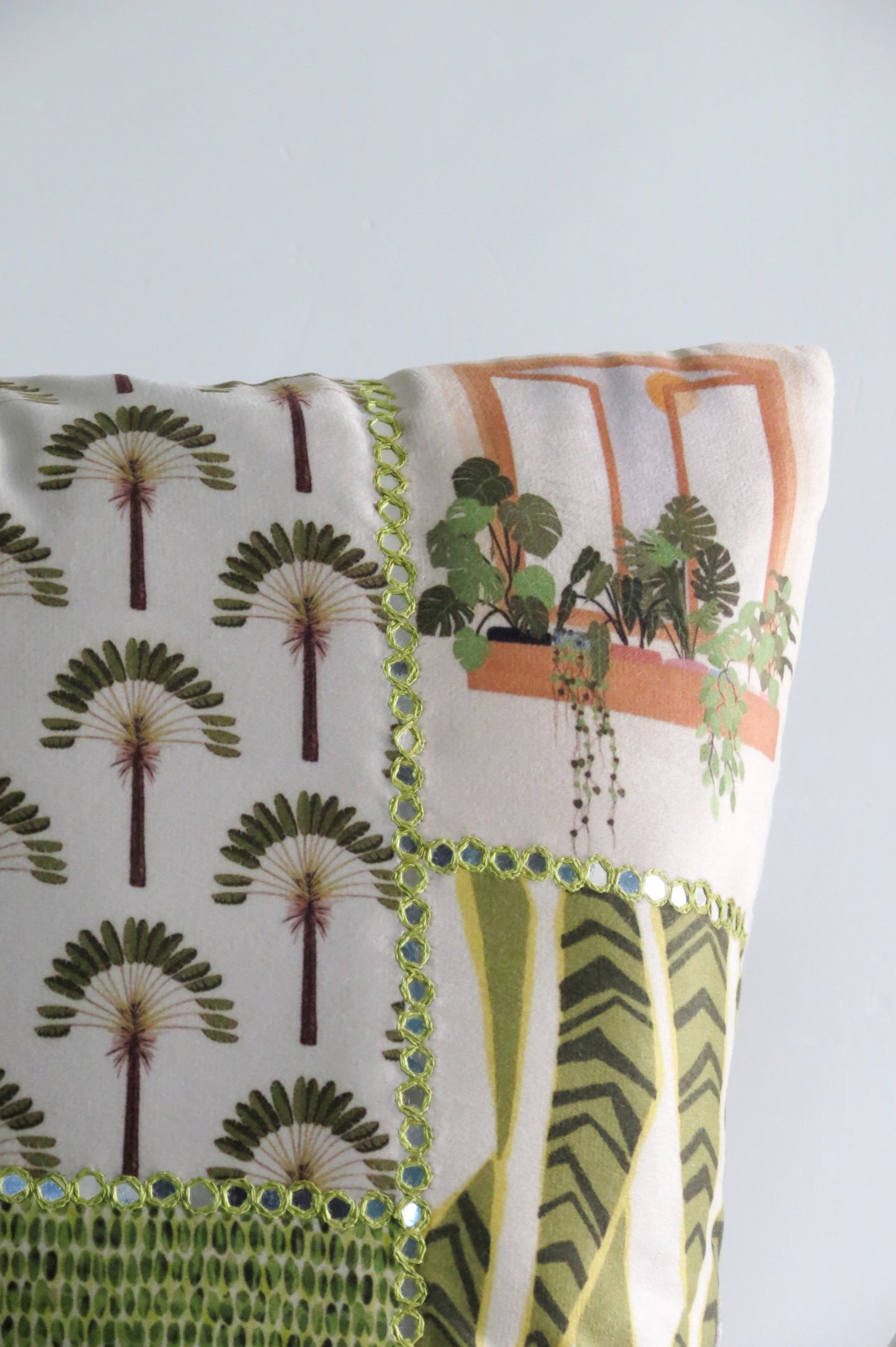 Mirror work Green cushion cover