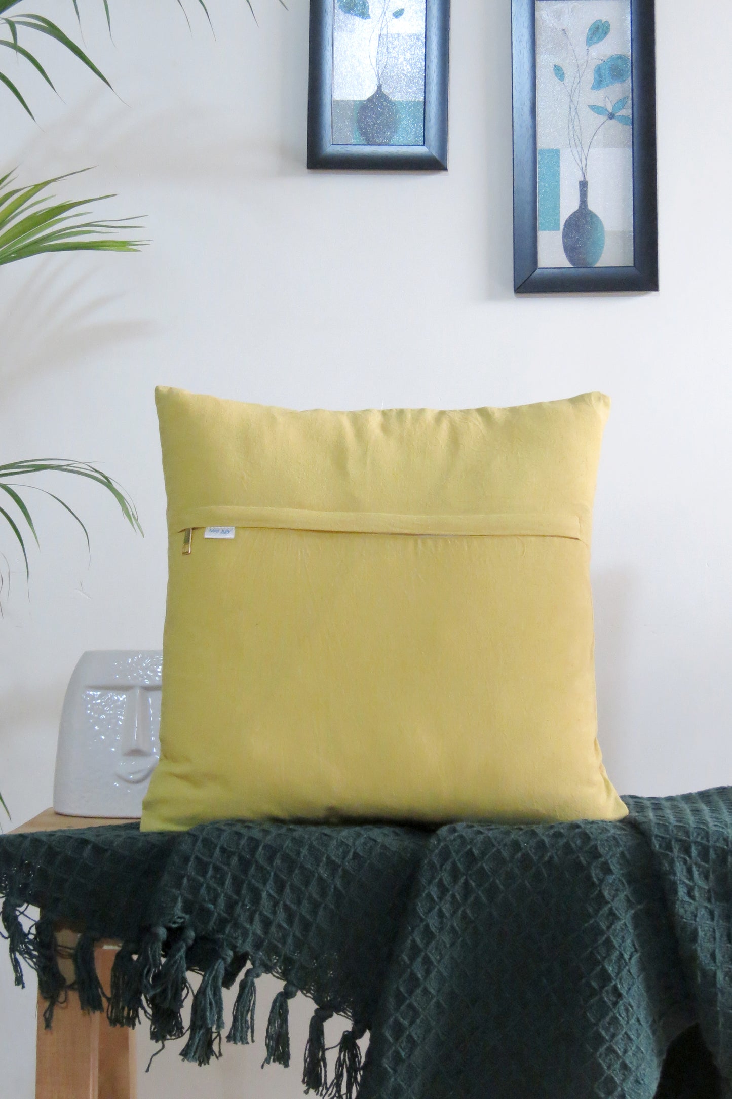 Hand embroidered Yellow cotton cushion cover