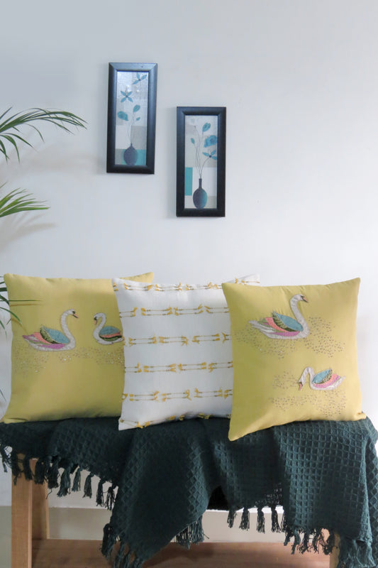 Hand embroidered Yellow cotton cushion covers Set of 3