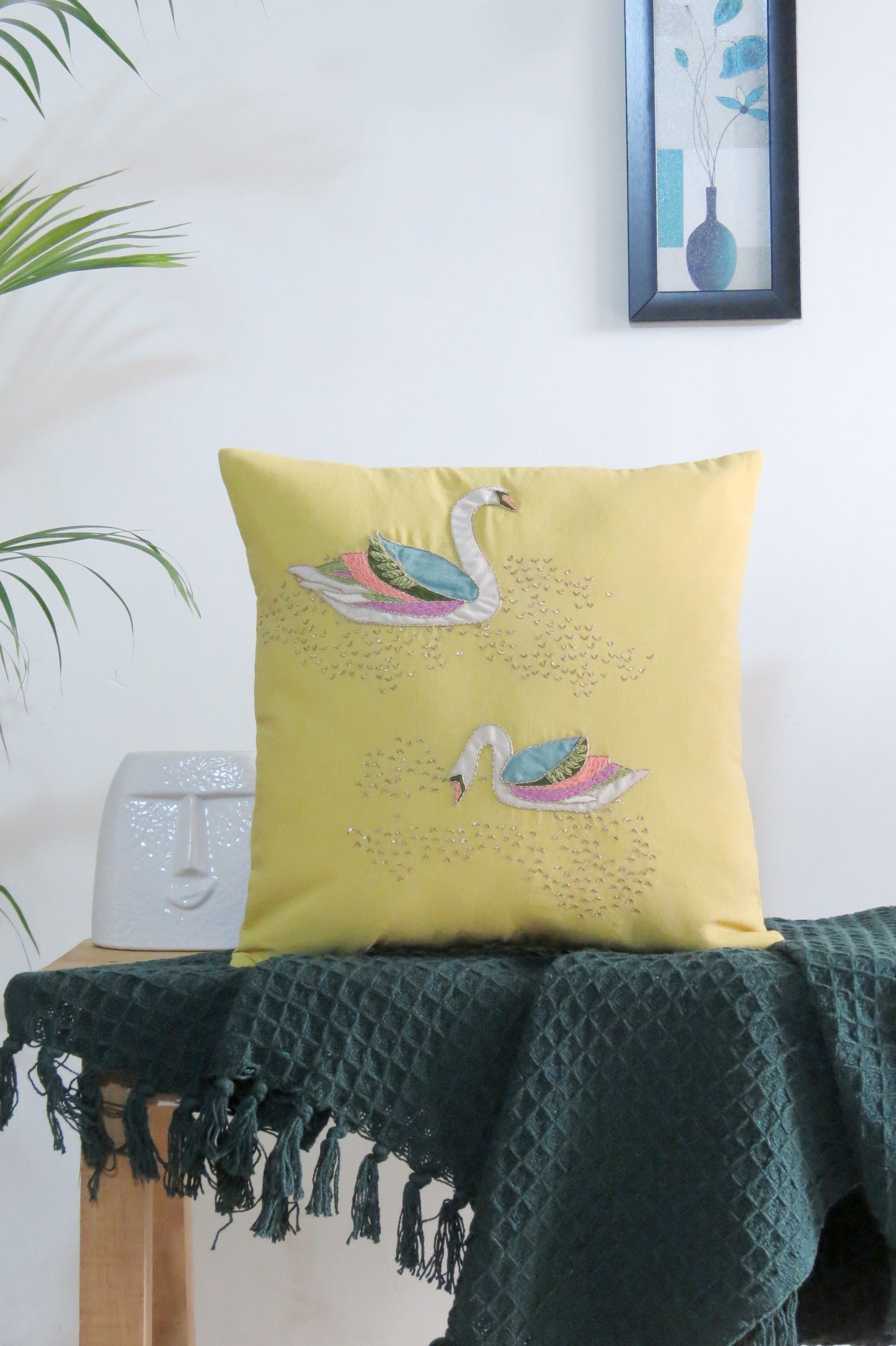 Hand embroidered Yellow cotton cushion covers Set of 3