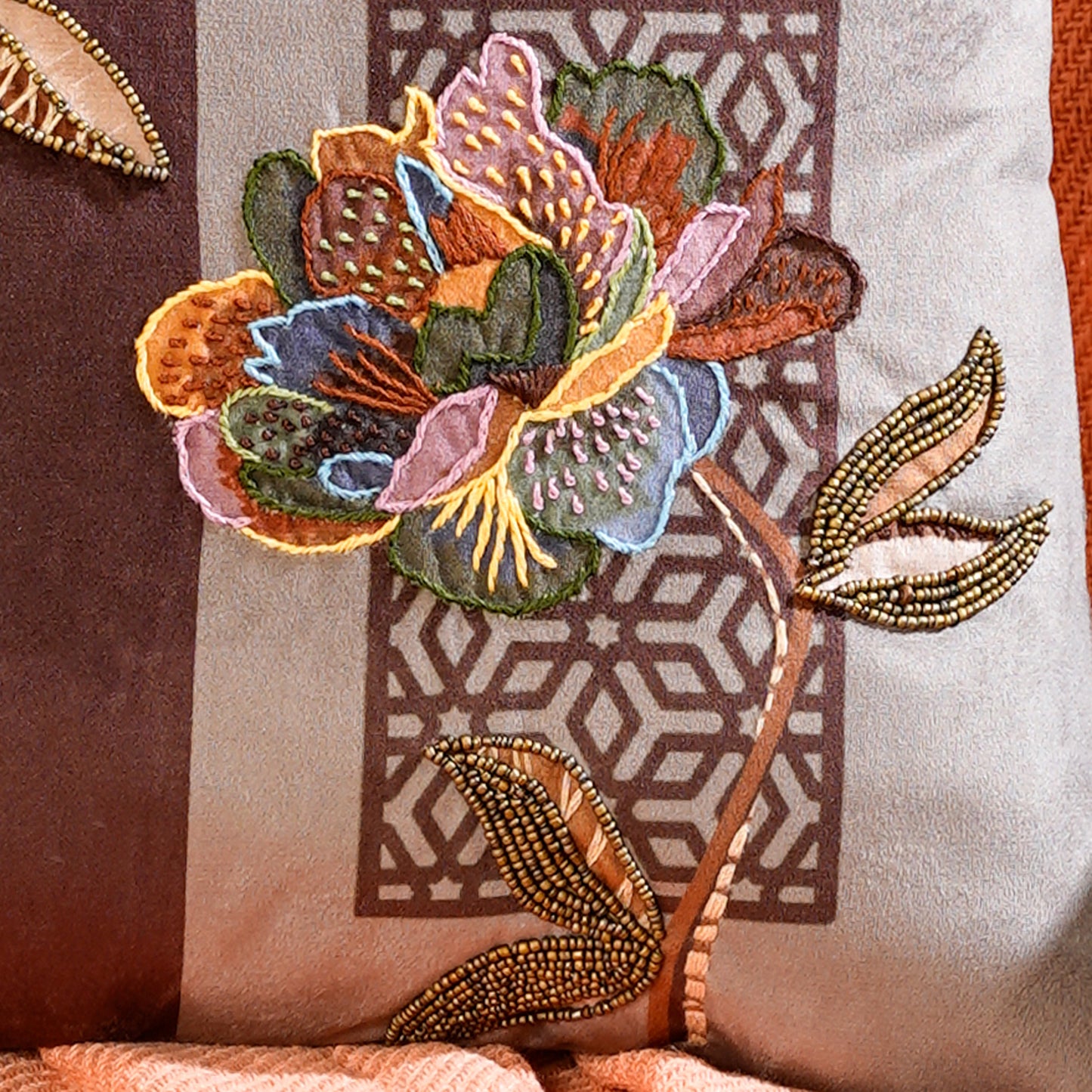 Brown Premium Velvet Printed Infinite Petals Embroidered Cushion Cover 5 Pcs Set