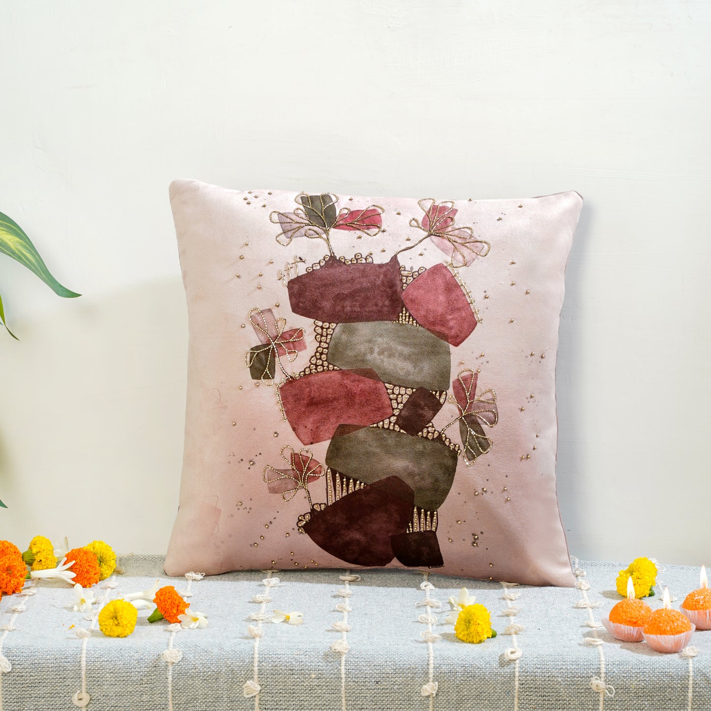 Pink Premium Velvet Elysium Dreamscape Abstract Pattern Cushion Cover 5 Pcs Set