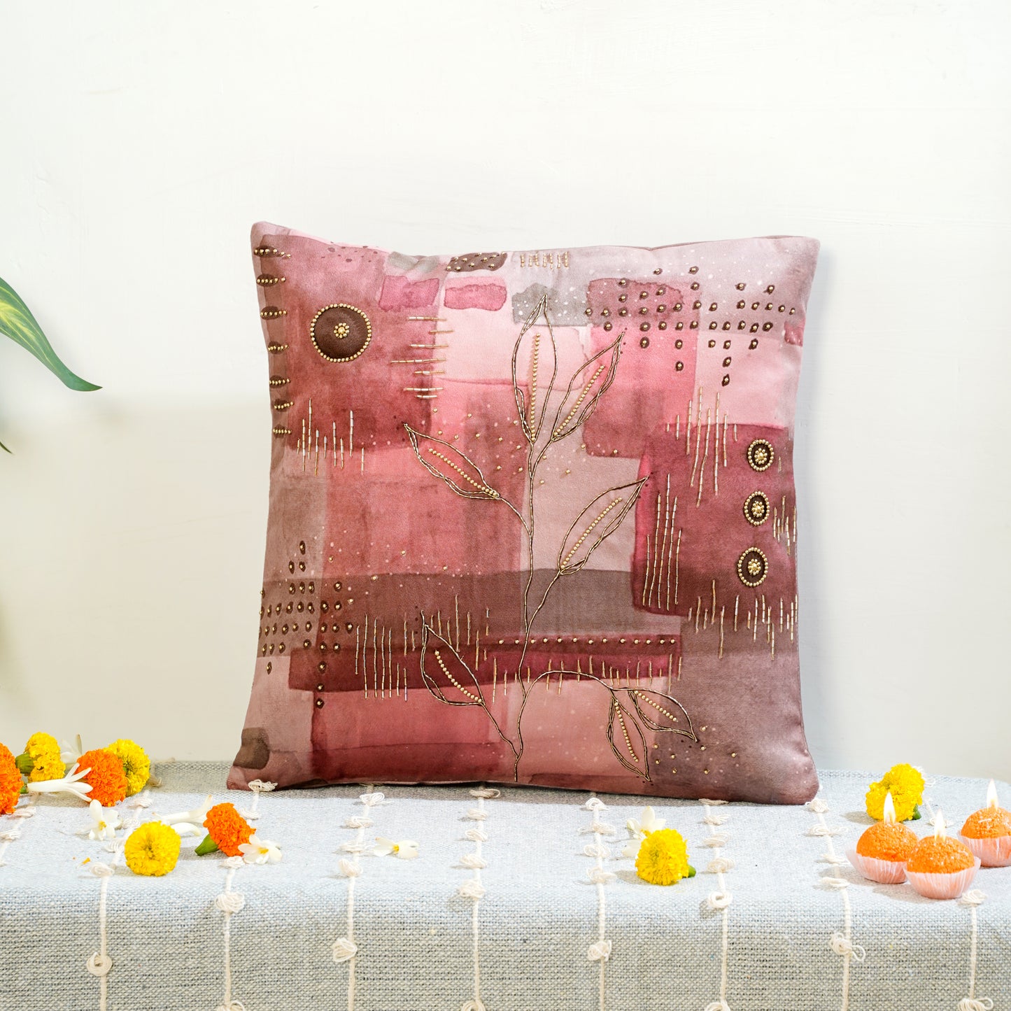 Pink Premium Velvet Elysium Dreamscape Abstract Pattern Cushion Cover 5 Pcs Set