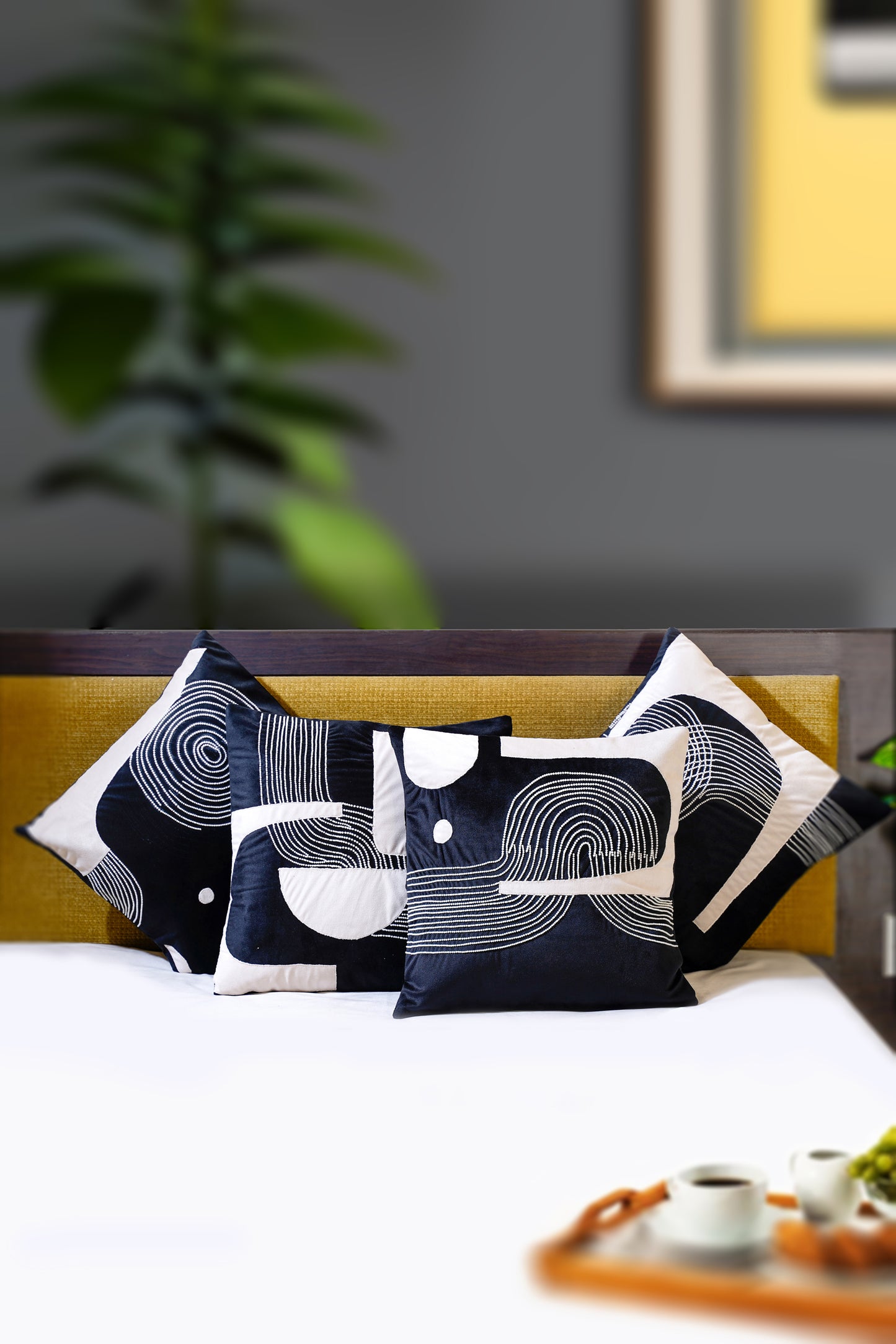 Black Premium Mesmerizing Mystery Abstract Embroidered Cushion Cover 4 Pcs Set