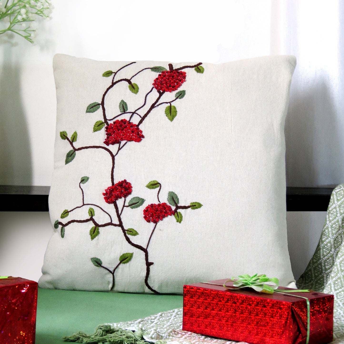 Berry Bliss hand embroidery cotton cushion cover